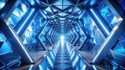 Obraz premium Futuristic Corridor with Bright Blue Neon Lights and Geometric Metal Walls