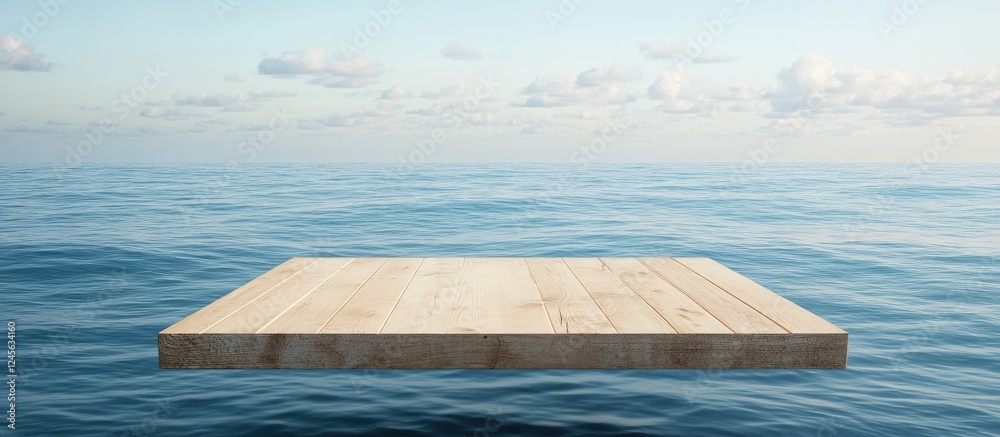 Poster wooden board floating above tranquil blue sea against a clear sky with soft clouds, ideal for showca