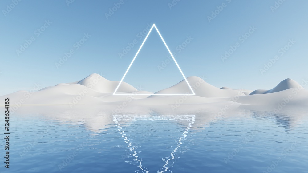 Poster 3d illustration of abstract minimal geometry background, geometric architectural with triangle design on water surface