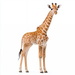 Fototapeta premium Young Giraffe on White Background Wildlife Photography Adorable Animal Portrait Nature Image