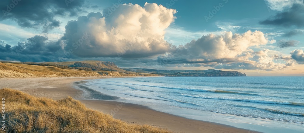 Aufkleber serene beach landscape featuring golden sands with gentle waves under a sky filled with clouds in so