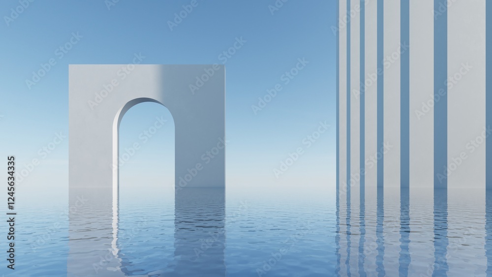 Poster 3d illustration of abstract minimal architecture background, geometric architectural with glass or a