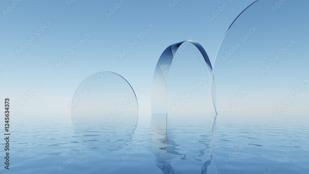 Poster 3d illustration of abstract minimal geometry background, geometric architectural with glass design on water surface