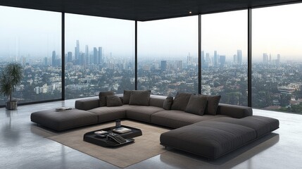 A modern loft with a sectional sofa being vacuumed before smaller furniture.