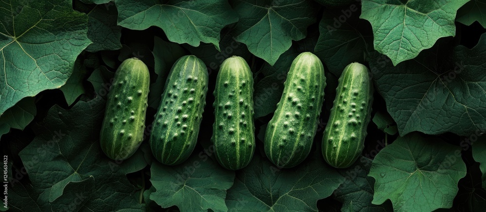 Poster vibrant green pickling cucumbers arranged in a row on lush green foliage background highlighting the