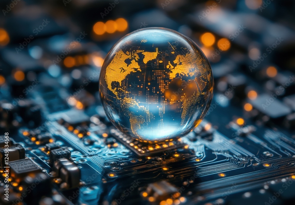 Poster glass sphere with a world map design resting on a circuit board filled with glowing elements showcas