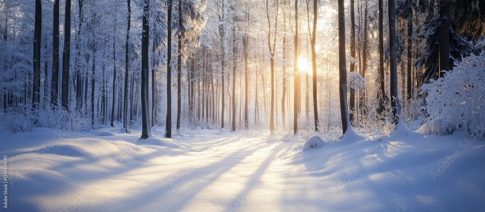 Poster winter forest scene featuring tall, frosty trees in soft light with a snow-covered ground, intricate