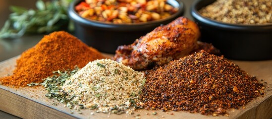 Colorful selection of spice rubs on a wooden cutting board with vibrant orange red and green tones alongside bowls of herbs suitable for BBQ gatherings