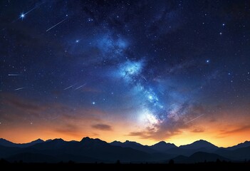 Fototapeta premium Stars Twinkle Above Majestic Mountains as Dusk Descends in a Breathtaking Display. Generative AI