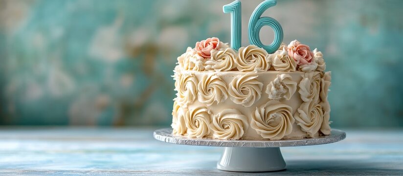 Elegant Sweet 16 cake with white icing and pink roses, featuring a light blue number 16, set against a soft pale blue background.