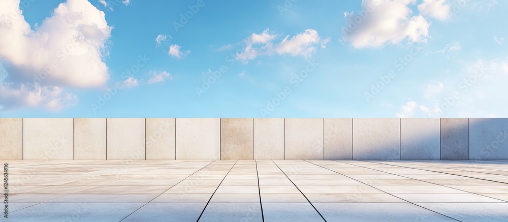 Aufkleber expansive minimalist rooftop scene featuring a bright blue sky with scattered clouds and a light gra