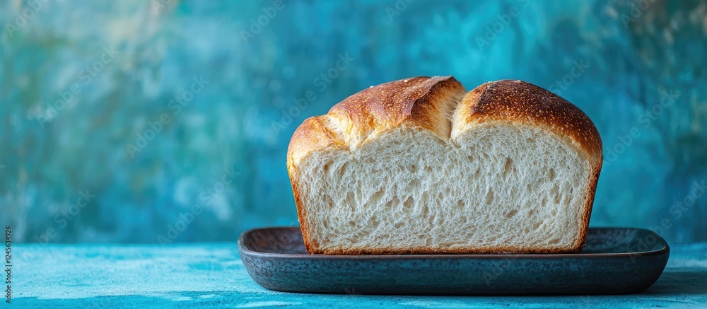 Poster freshly baked white wheat bread loaf displayed on a dark plate against a vivid blue background empha