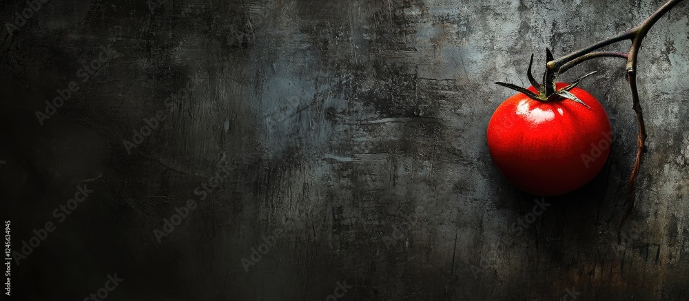 Poster vibrant red tomato on vine positioned left against dark textured background, enhancing motion metaph
