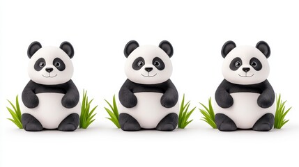Fototapeta premium Three Adorable Panda Bear Cubs Sitting in Grass: Playful 3D Render for Children's Illustrations and Greeting Cards