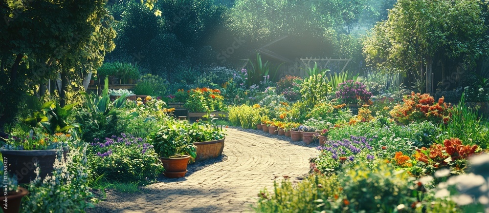 Poster lush garden pathway with vibrant flowers in pots on either side, bright green trees in background, a