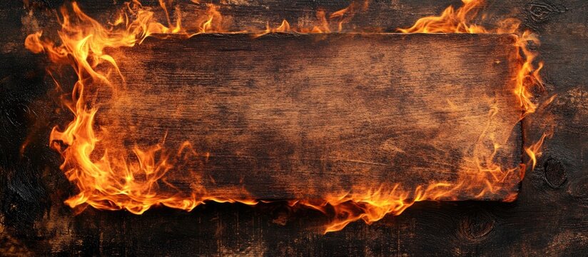 Charred wooden label surrounded by vibrant flames with orange and yellow hues creating a textured and warm backdrop for design purposes