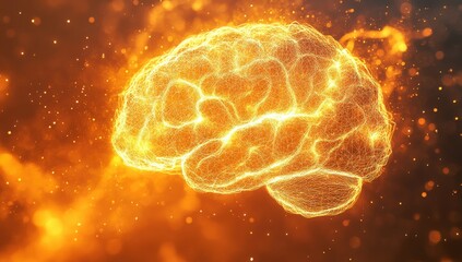 Fototapeta premium Glowing Brain Concept on Orange Background, Abstract Neural Network Illustration Showing Brain Activity and Energy Flow