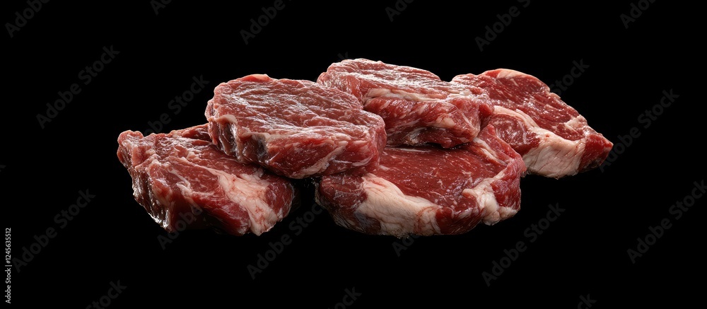 Poster juicy raw beef steaks arranged on a black background highlighting their rich red color and marbled t