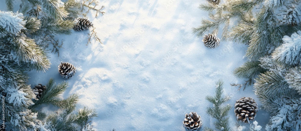 Poster winter greeting text on fresh snow, framed by green fir branches and pine cones, top-down view with 