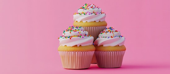 Vibrant pink background featuring a delightful stack of three vanilla cupcakes topped with white frosting and colorful sprinkles showcasing sweetness.