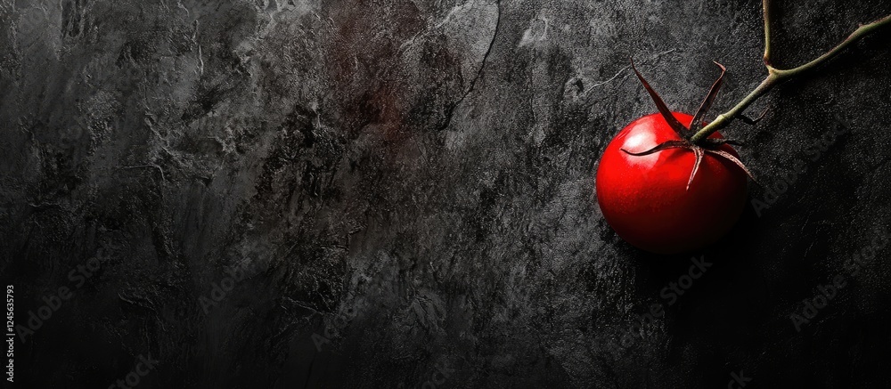 Poster vibrant red tomato on vine positioned in bottom left corner against dark textured background creatin