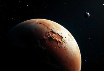 Obraz premium Exploring the Rugged Landscapes of Mars Under a Distant Moon's Gaze. Generative AI