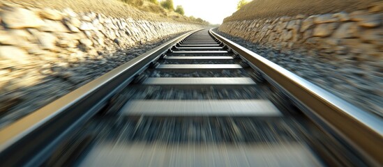 Railway tracks extending into the distance with blurred edges; earthy tones of gray and brown stones; modern transportation concept visualizing infrastructure advancements.