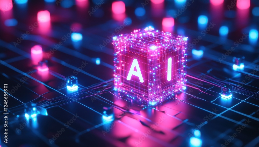Aufkleber glowing cube representing artificial intelligence surrounded by neon lights in a digital environment