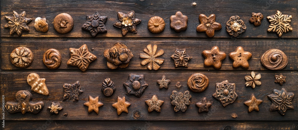 Poster festive arrangement of various gingerbread cookies in intricate shapes on a rustic dark wooden backg