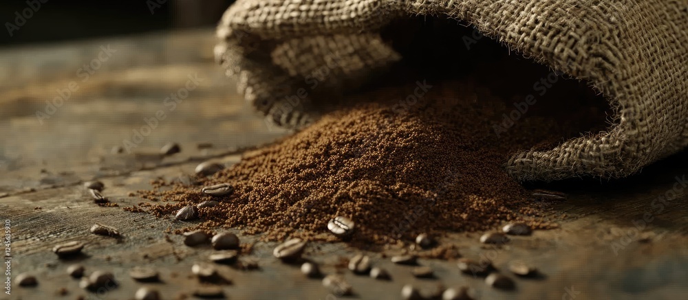 Poster ground coffee beans spilling from a burlap sack on a rustic wooden table with rich brown tones creat