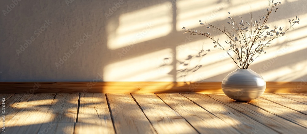 Leinwandbilder sunlight streaming through window creating gentle shadows on wooden floor with a minimalist vase in 