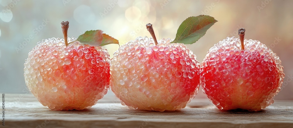 Aufkleber red apples with a glossy finish and green leaves arranged in a trio, covered in translucent tapioca 