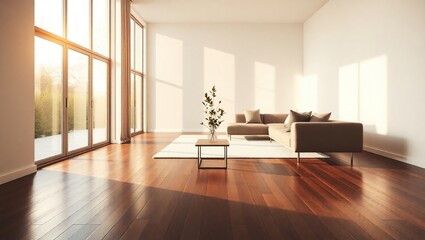 Obraz premium Minimalist living room bathed in warm, golden sunlight streaming through the floor-to-ceiling windows, with a delicate, leafy indoor plant.