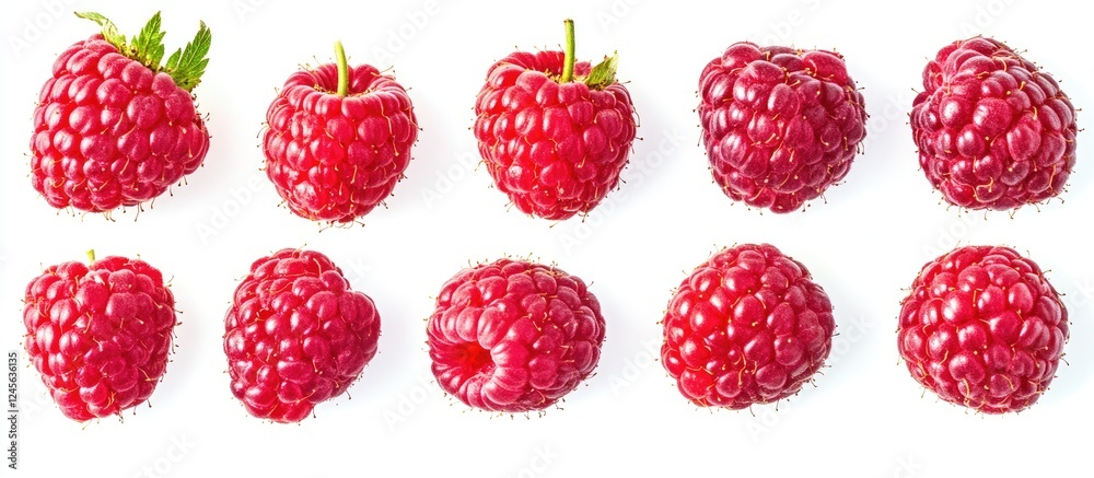Poster vibrant red raspberries arranged in two rows against a clean white background highlighting their fre