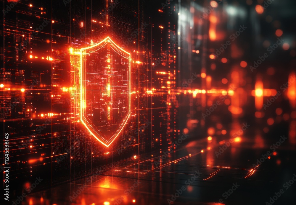 Poster glowing digital shield with abstract background representing cybersecurity and data protection conce