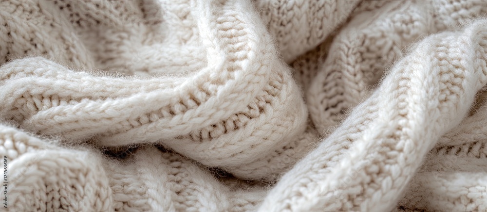 Poster Close up of soft knitted wool fabric in cream color showcasing intricate patterns and texture for creative design inspiration and textile applications