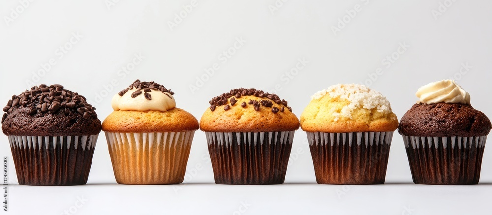 Leinwandbilder colorful array of five delicious muffins arranged in a row on a plain white background showcasing ch