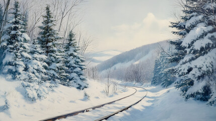 A serene winter landscape depicting snow-covered railway tracks winding through tall, frost-laden pine trees. Soft sunlight illuminates the scene, creating a tranquil atmosphere.