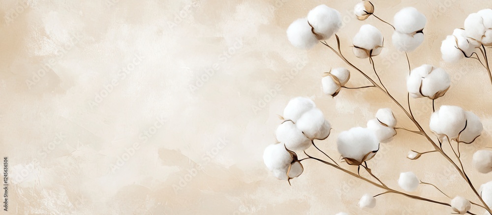 Poster cotton balls in soft white arranged elegantly against a pale beige background creating a tranquil an