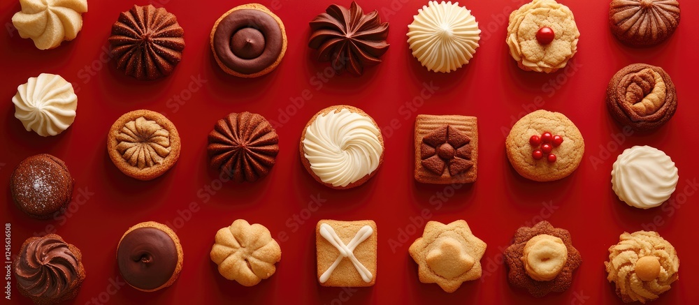 Poster homemade christmas cookies in various shapes and designs arranged on a vibrant red background celebr
