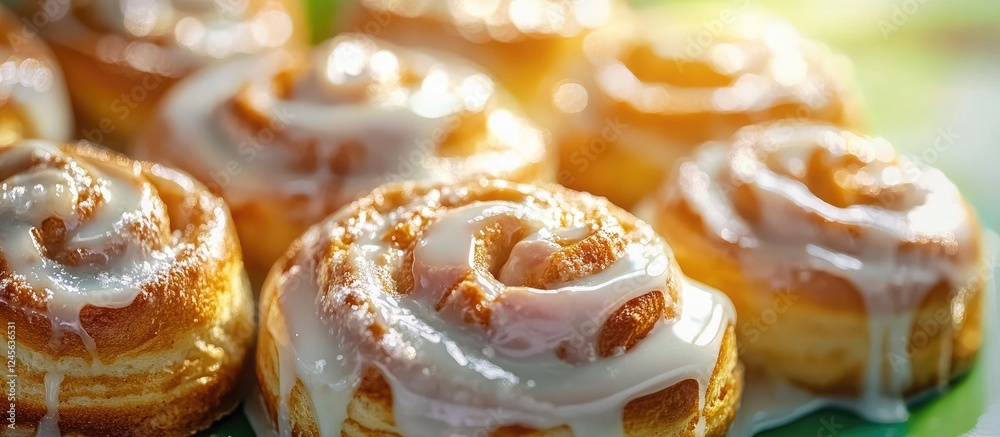 Poster homemade cinnamon rolls with sweet sugar glaze on a vibrant green background creating a joyful festi