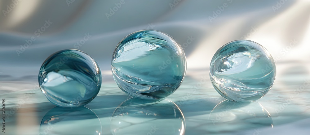 Aufkleber transparent glass marbles in shades of blue positioned in a row on a reflective glass surface with s