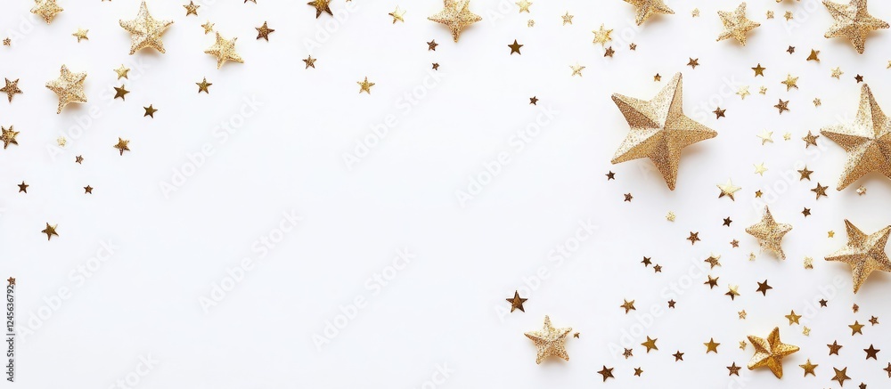 Aufkleber Gold stars scattered on a white background creating a festive atmosphere with an empty space for custom messages on the right side of the image