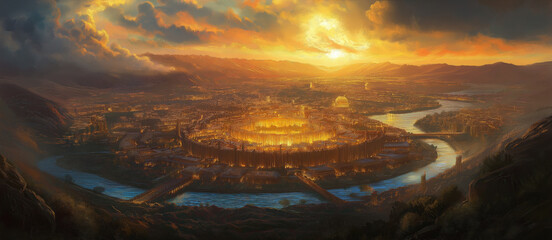 Fototapeta premium The New Jerusalem: A Radiant City of Gold with Twelve Pearl Gates and the River of Life from Revelation 21:10-27