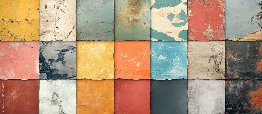 Poster old worn textured stickers in vibrant colors arranged in a grid pattern showcasing hues of orange, b