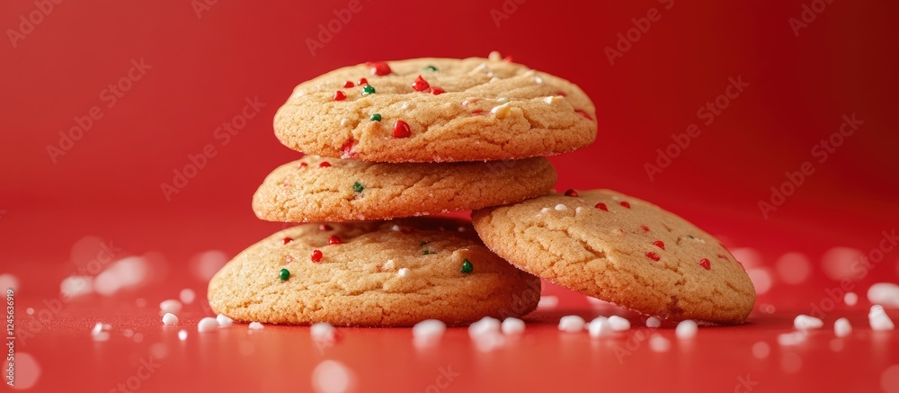 Poster festive homemade christmas cookies stacked on a vibrant red background with white sprinkles creating