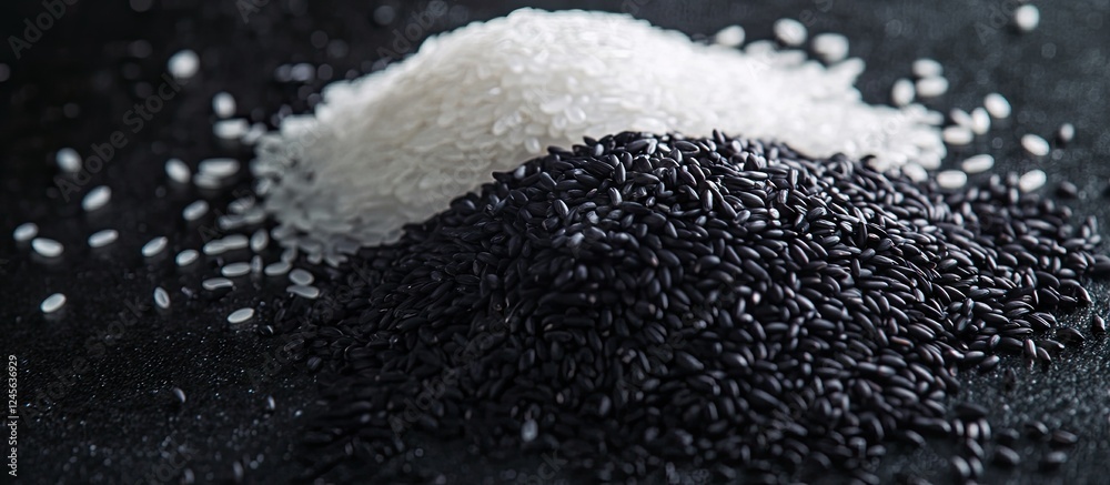 Poster contrast of smooth metallic surface with vibrant white and black rice piles, creating an eye-catchin