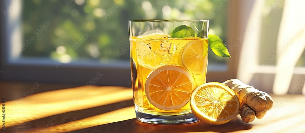 Poster Refreshing ginger and lemon beverage in a clear glass with sliced lemons and fresh ginger root on a wooden table illuminated by sunlight.