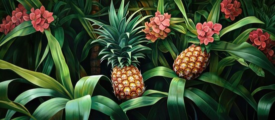 Obraz premium Vibrant tropical rainforest with lush green foliage featuring ornamental pink flowers and ripe pineapples amidst the melange of colors and textures.