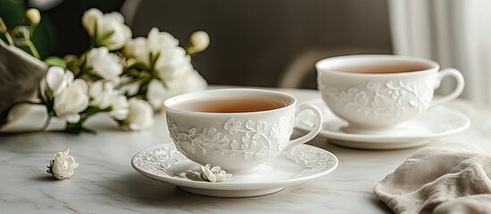 Fototapeta premium Delicate white porcelain teacups on saucers with floral relief placed on a marble surface with soft lighting and a floral backdrop.